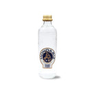 Clear glass bottle of Mondariz Still Water with a gold cap and blue-gold label.