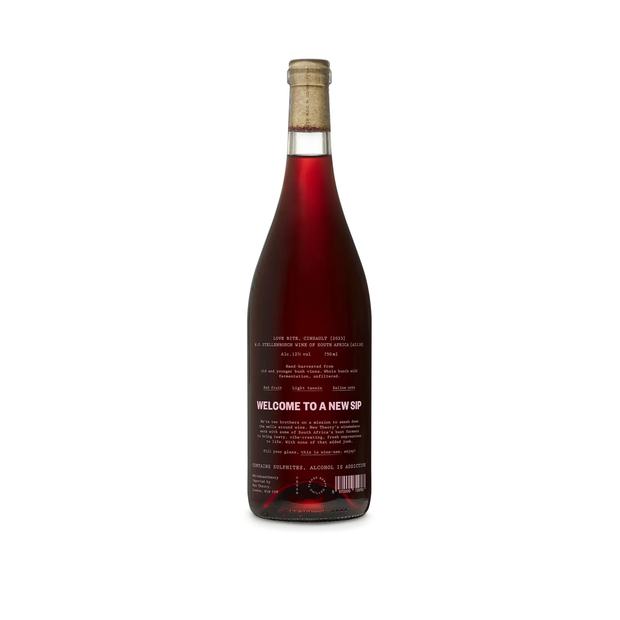 New Theory Wines Love Bite 2023 Cinsault, 750ml red wine bottle with cork, white label.