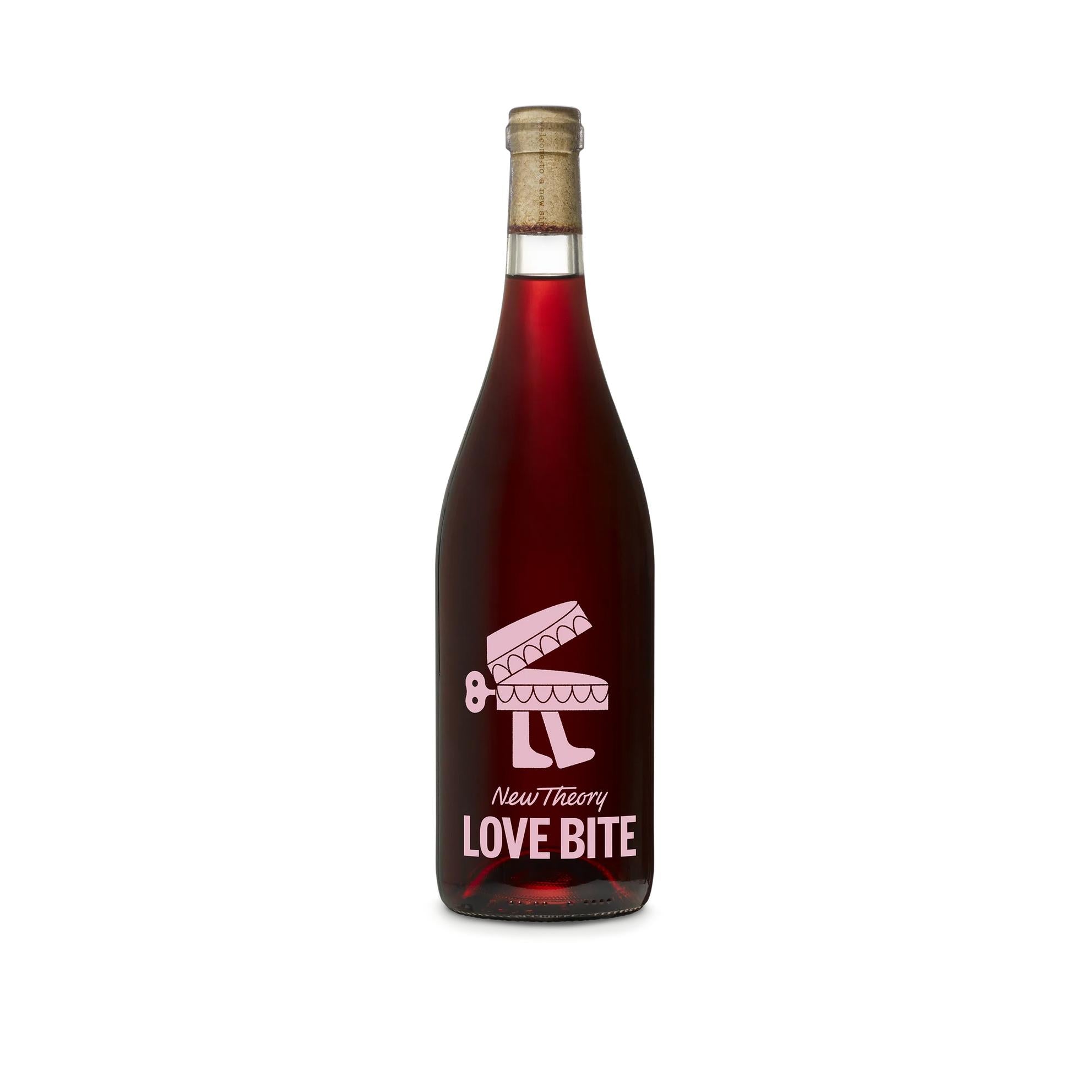 New Theory Love Bite 750ml red Cinsault wine bottle with pink label featuring a stylized mouth graphic.