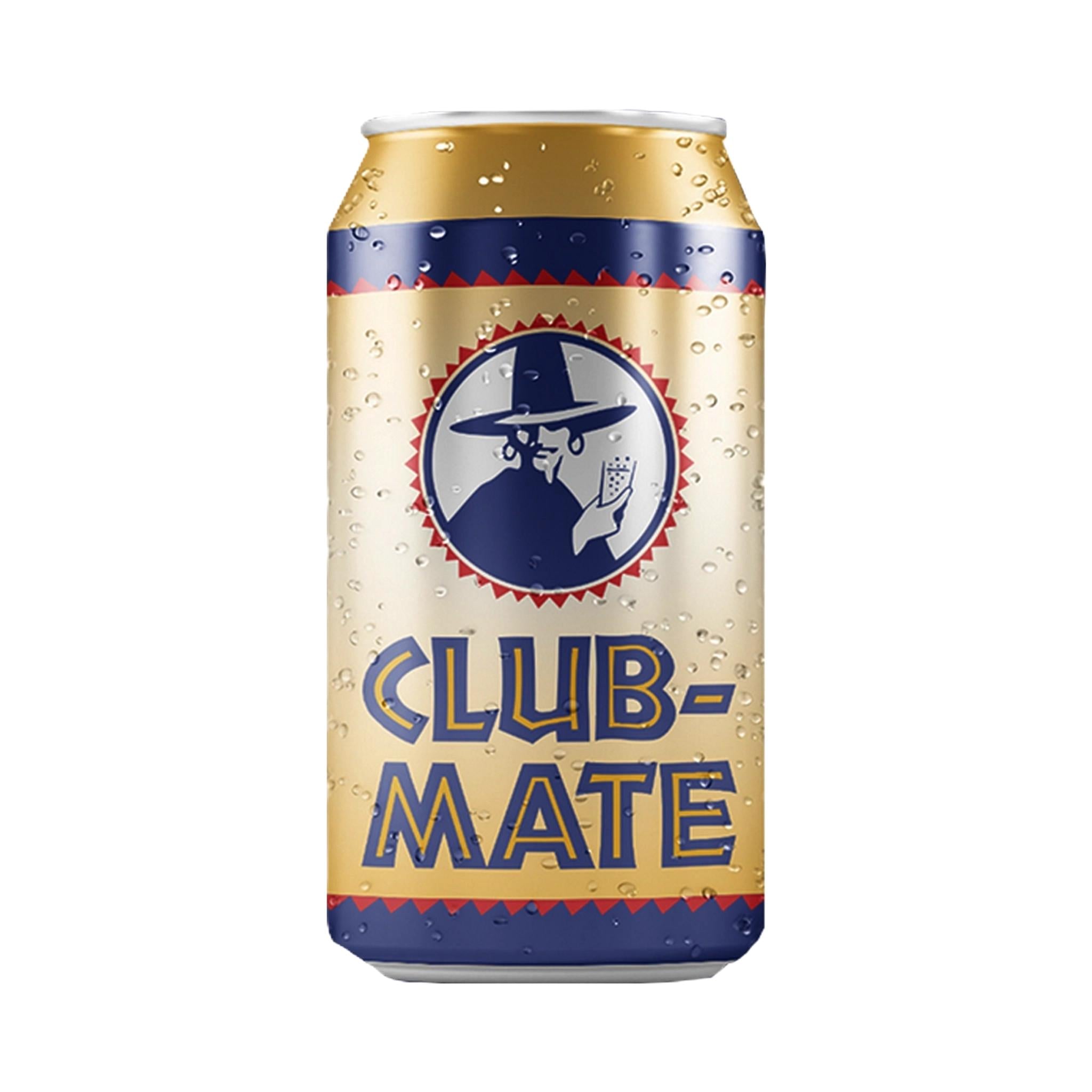 Gold Club-Mate 330ml can with blue and red label, featuring a person in a hat and "CLUB-MATE" text.
