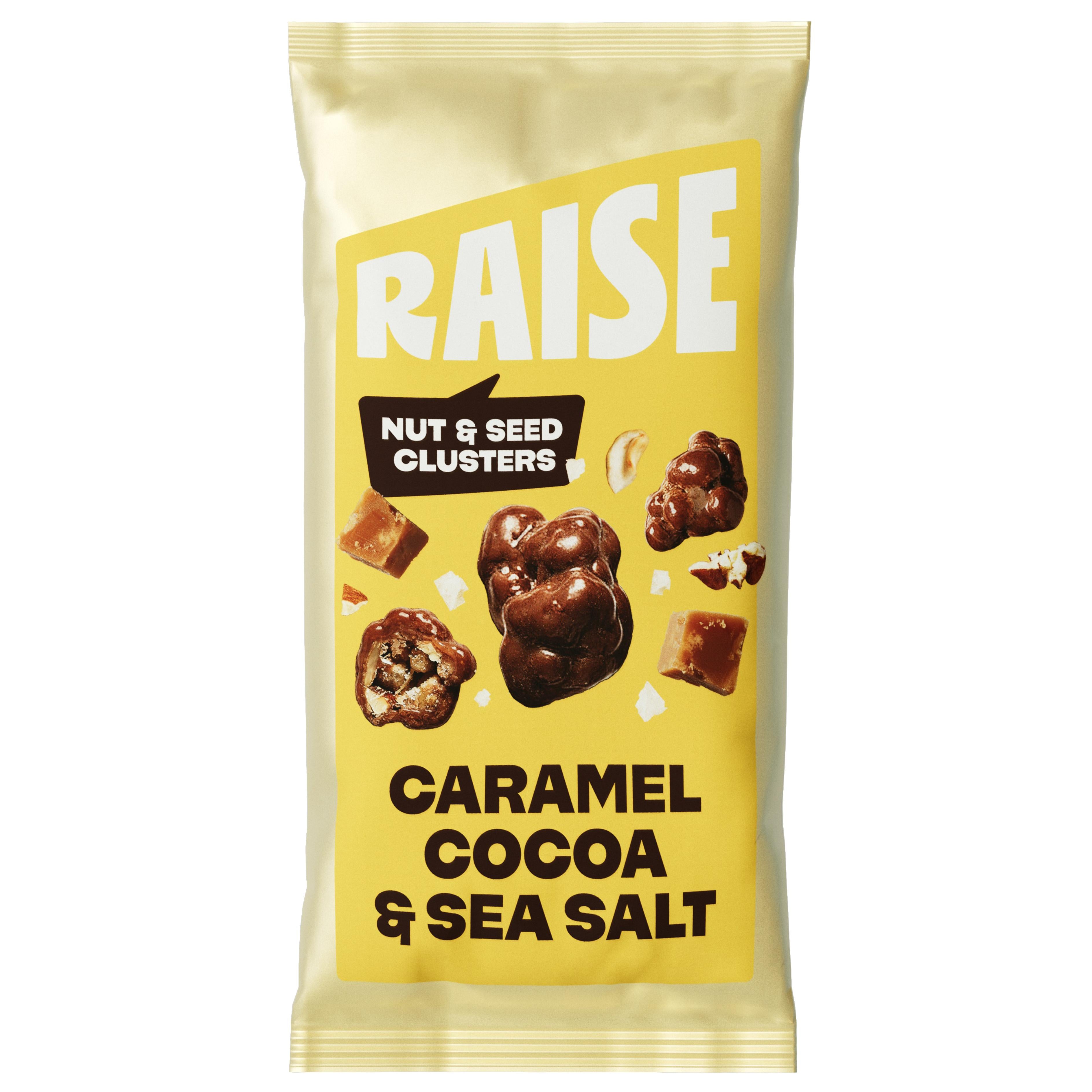 Raise Snacks Caramel Cocoa & Sea Salt nut & seed clusters in a gold and yellow pouch.