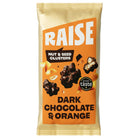 Raise Snacks Dark Chocolate & Orange nut & seed clusters in a gold and orange pouch.