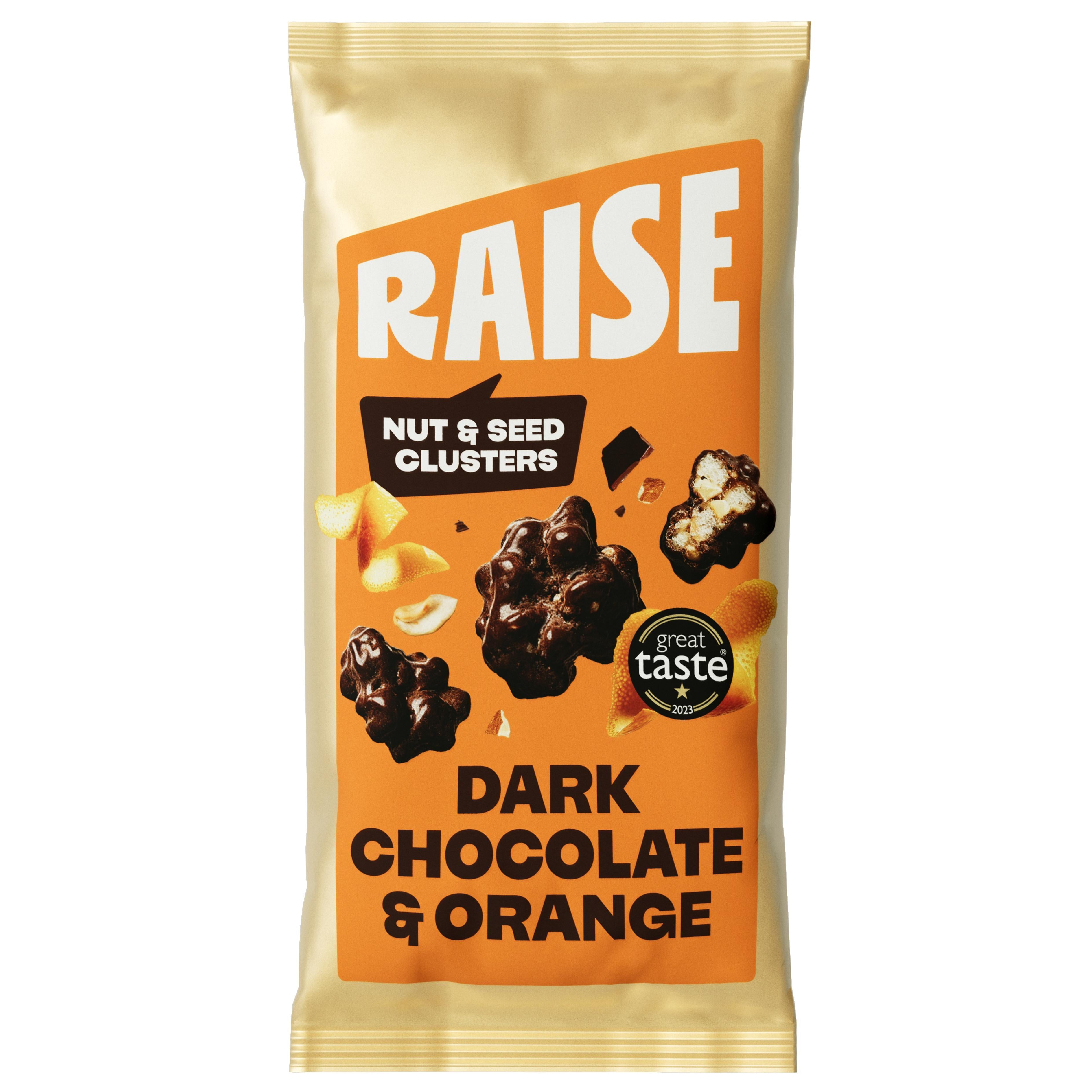 Raise Snacks Dark Chocolate & Orange nut & seed clusters in a gold and orange pouch.