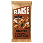 Raise Snacks Toasted Coconut & Almond Nut Clusters in a gold and brown pouch with product details.
