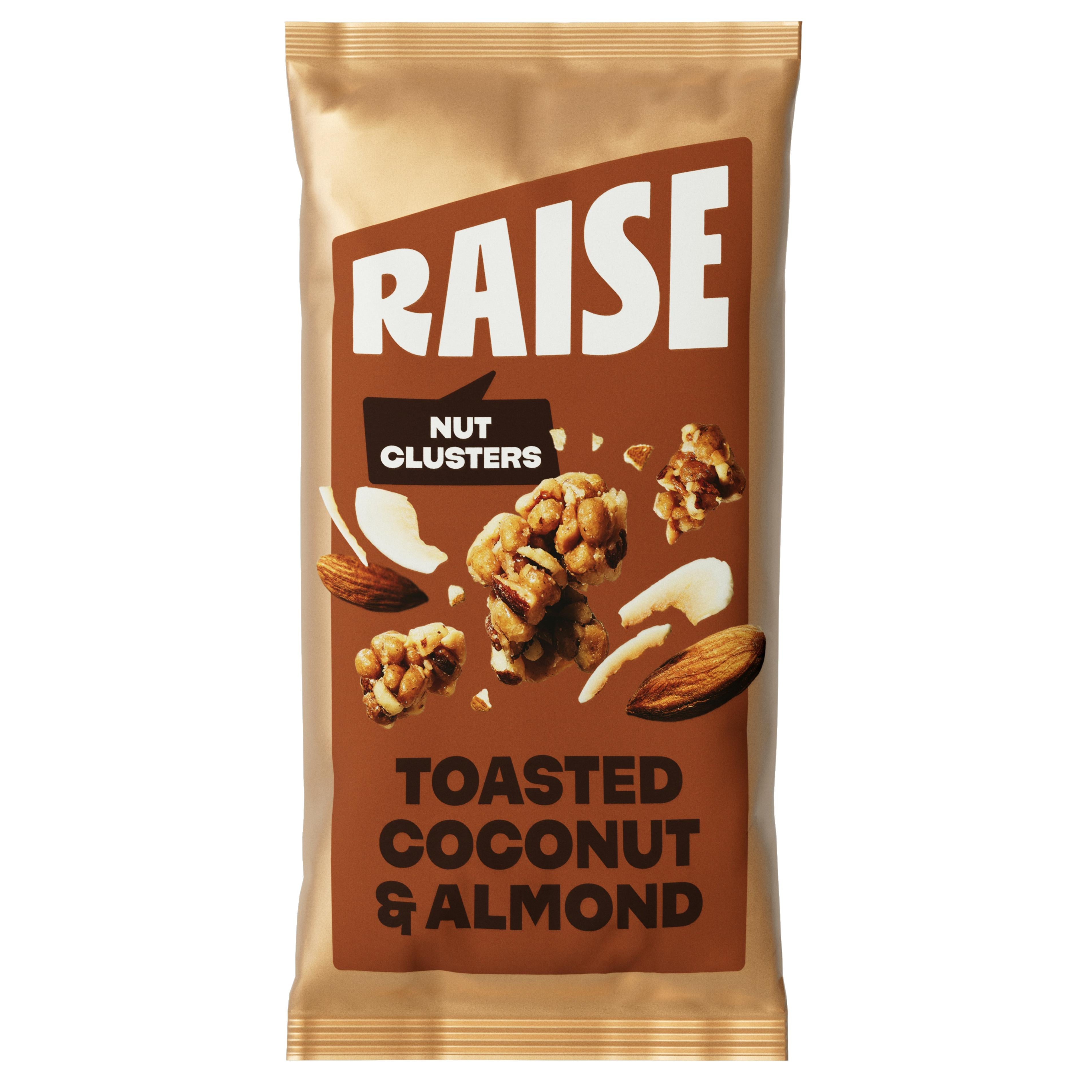 Raise Snacks Toasted Coconut & Almond Nut Clusters in a gold and brown pouch with product details.