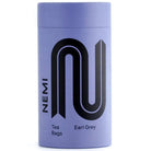 NEMI Tea Earl Grey tube, a tall lavender-purple cylindrical package with a black "N" logo and text.