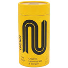 Yellow NEMI Tea tube with black "N" logo, "Organic Lemongrass & Ginger" text.