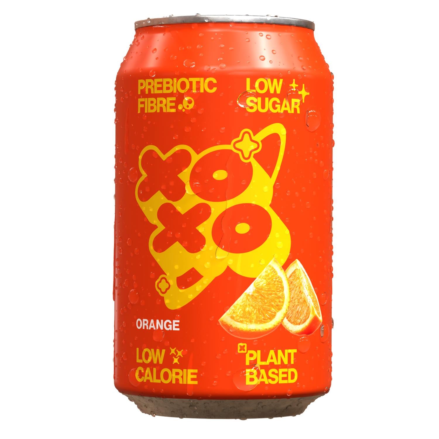 Orange XOXO prebiotic soda can with water droplets, featuring "Low Sugar" and "Plant Based" text, plus orange slices.