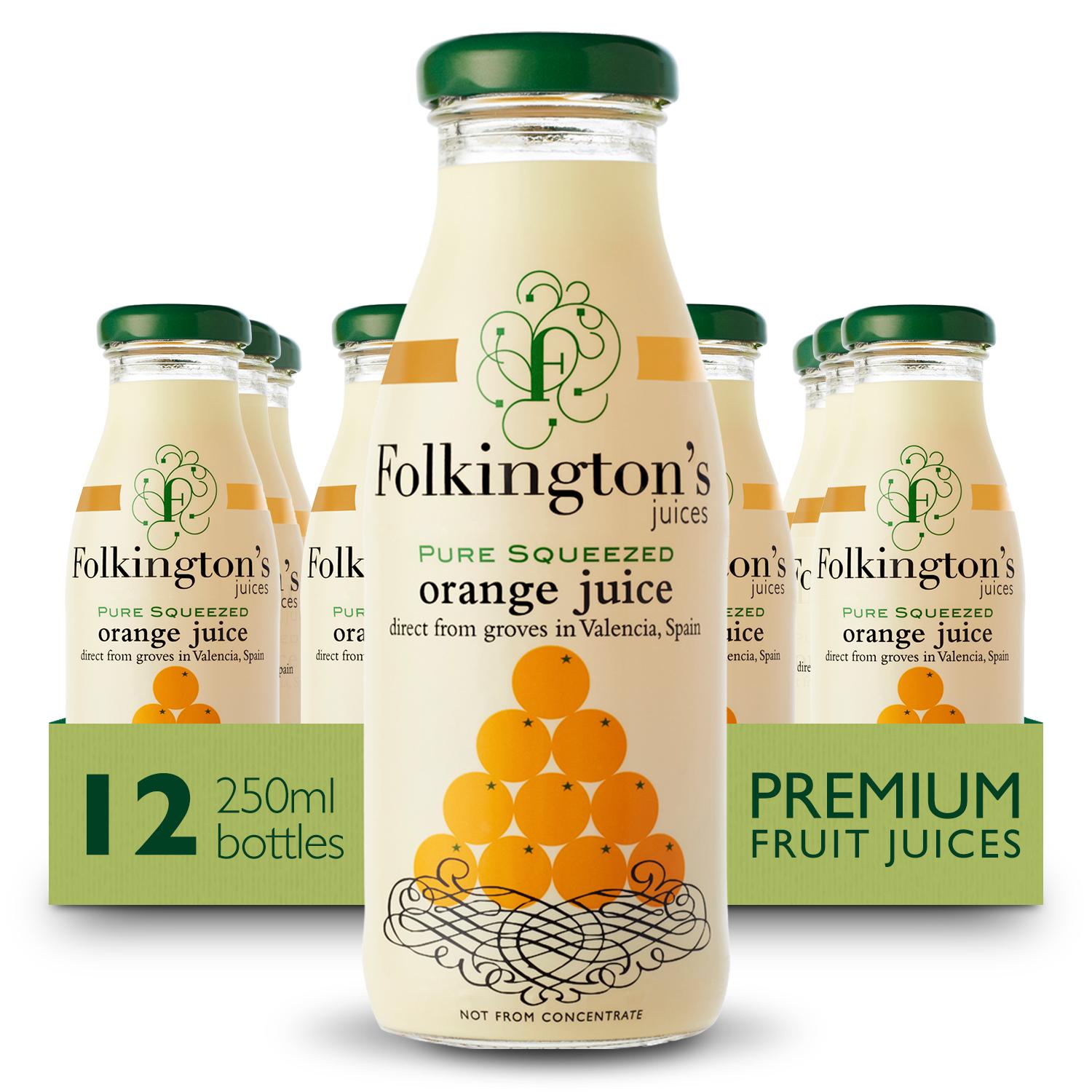 Folkington's Pure Squeezed Orange Juice, 12x250ml glass bottles with green caps and orange labels.