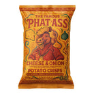 Orange PHAT ASS Cheese & Onion potato crisps bag with a smiling horse mascot, cheese, and onion graphics.