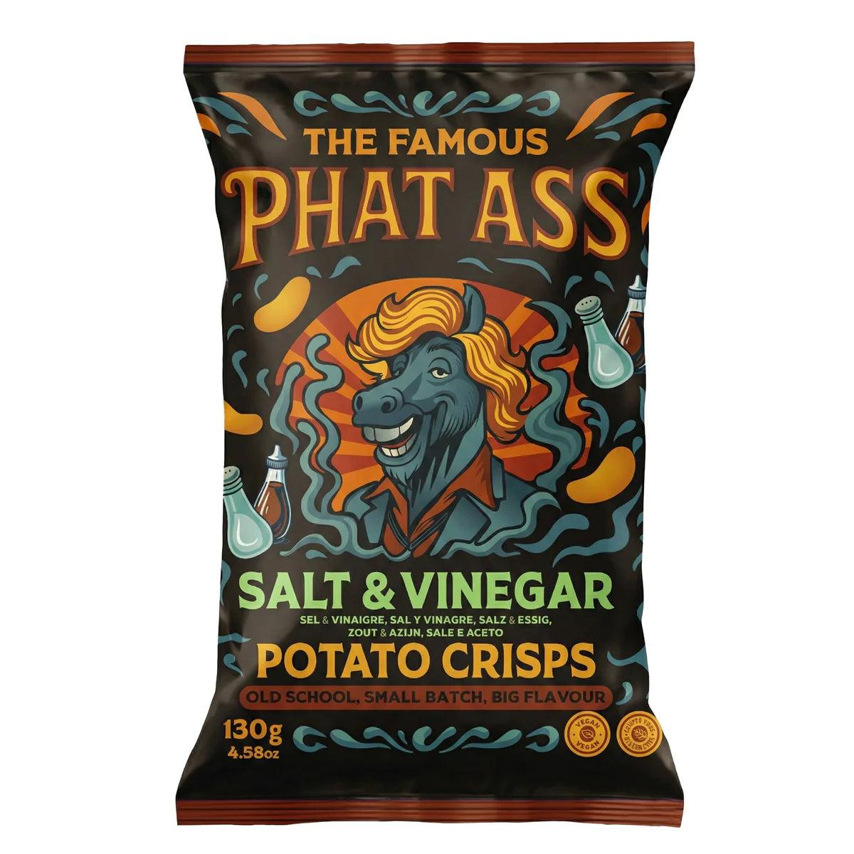 Black PHAT ASS Salt & Vinegar potato crisps bag with a smiling donkey mascot and 130g weight.