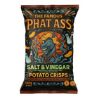 Black PHAT ASS Salt & Vinegar potato crisps bag with a smiling donkey mascot and 130g weight.