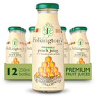 Folkington's Pressed Peach Juice, 12x250ml glass bottles with green caps and peach labels.
