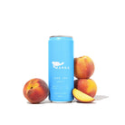 Marna Peach Iced Tea 330ml light blue can with white logo, surrounded by fresh peaches.