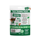 White and green Denzel's Peanut Butter & Fresh Banana Training Bites pouch with cricket-playing dog design.