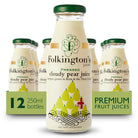 Six 250ml glass bottles of Folkington's Cloudy Pear Juice with green caps and pear illustrations.
