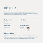 Marna Hojicha product information with tasting notes, serving size, quality markers, and preparation instructions.