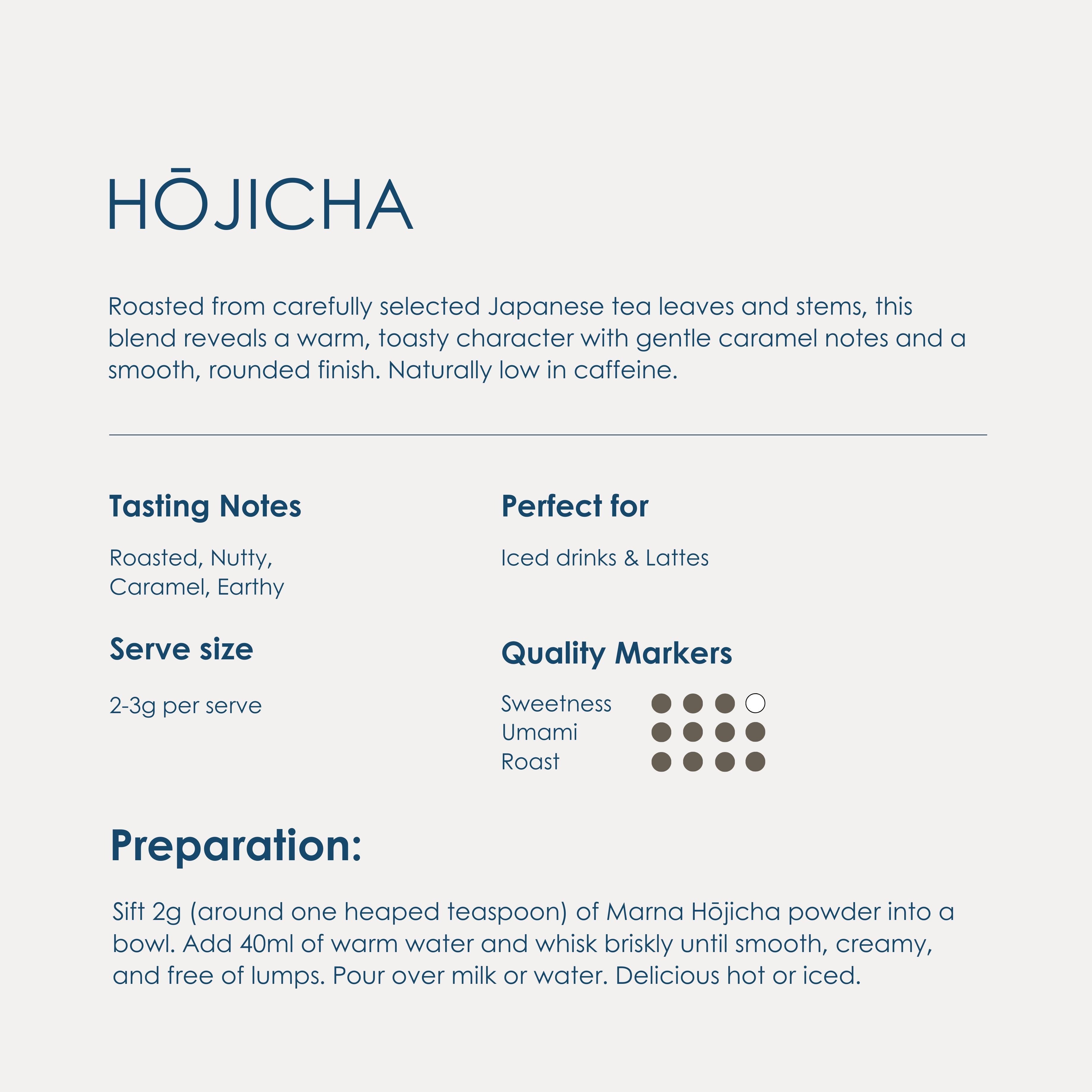Marna Hojicha product information with tasting notes, serving size, quality markers, and preparation instructions.