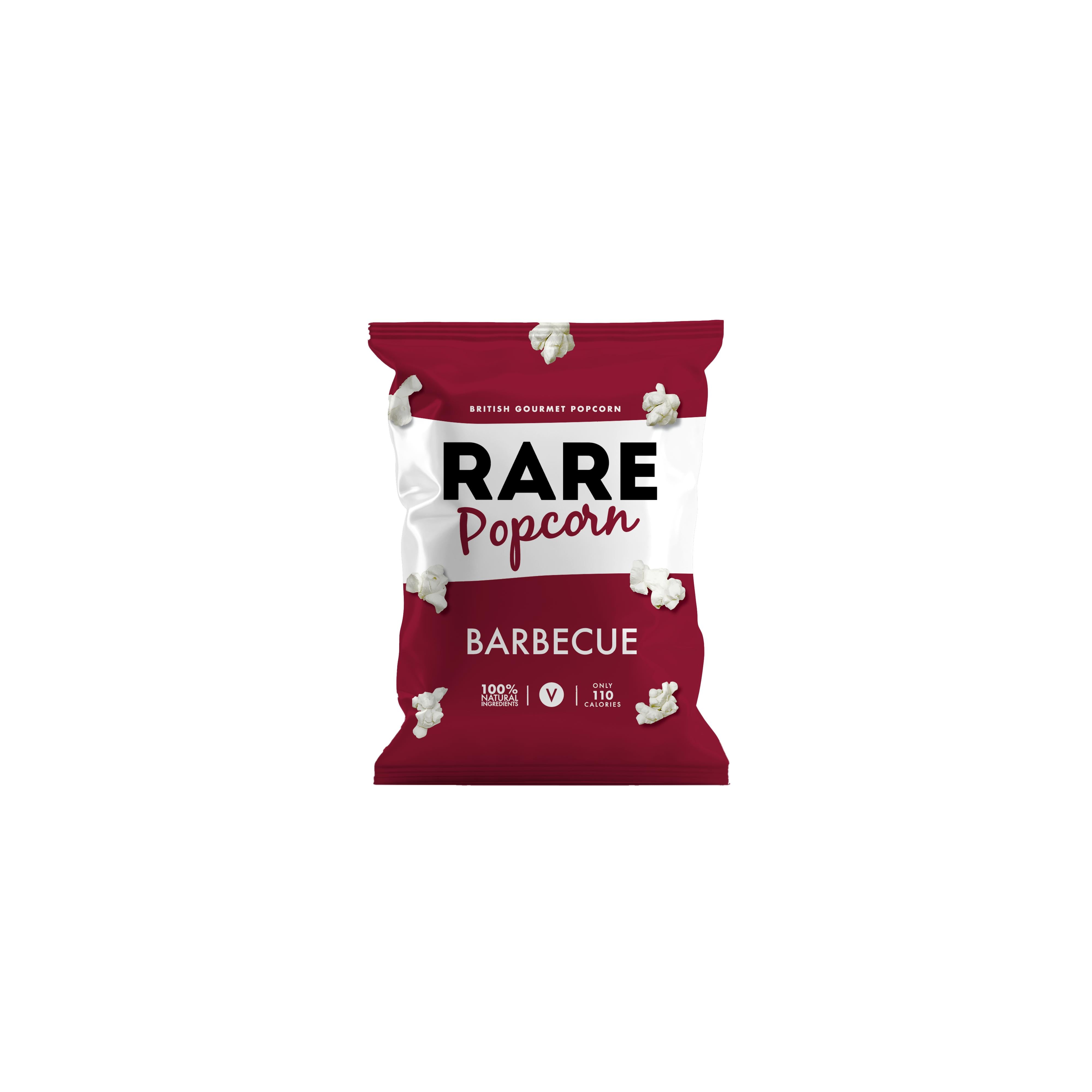 Rare Popcorn Barbecue snack bag, red and white, with popped kernels.