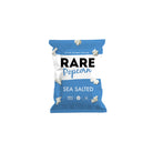 Blue and white Rare Popcorn Sea Salt bag with scattered popcorn kernels.