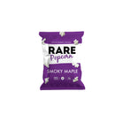 Purple and white Rare Popcorn Smoky Maple snack bag with popcorn kernels.