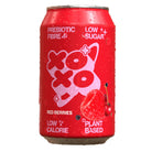 Wet red XOXO can with "Prebiotic Fibre," "Low Sugar," "Low Calorie," and "Plant Based" text. Features a raspberry and cherries.