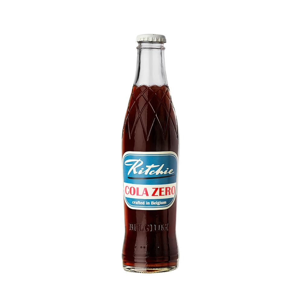 Ritchie Cola Zero Sugar 275ml glass bottle with blue and red label, white twist-off cap.