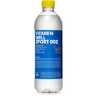 Clear Vitamin Well Sport 002 electrolyte drink bottle with a yellow cap and blue label.