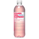Pink Vitamin Well Zero Raspberry drink bottle with white cap and red/white label.