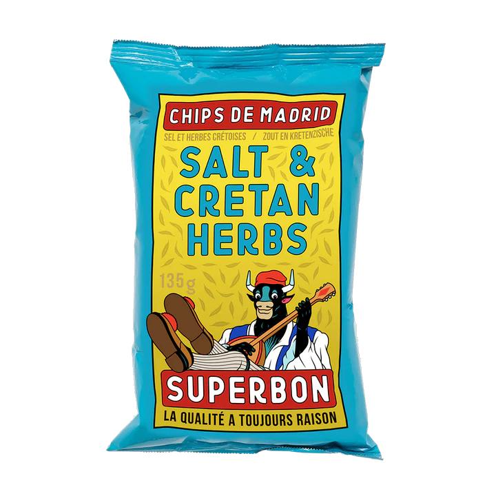 Superbon Chips Salt & Cretan Herbs, 135g blue bag with bull playing guitar design.