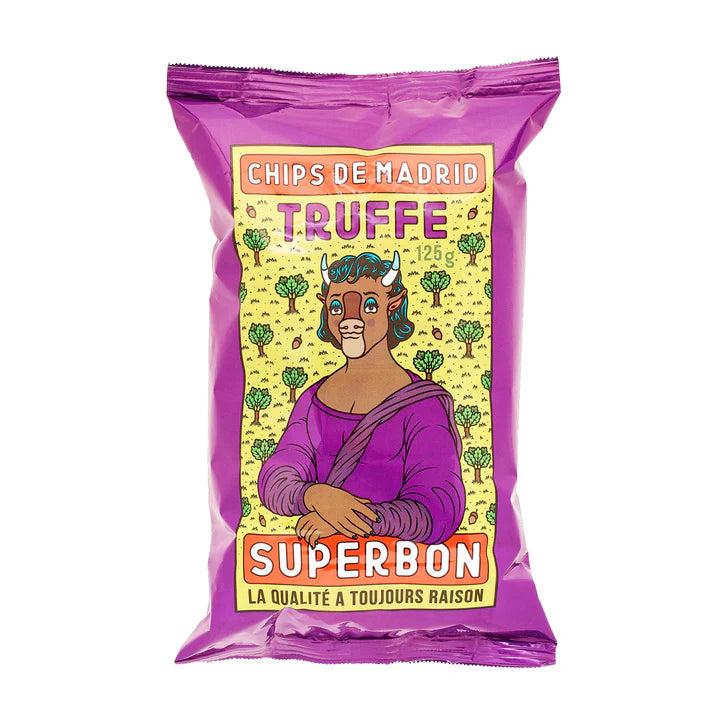 Purple Superbon Truffle Chips bag with a cartoon bull character and "Chips de Madrid" text.