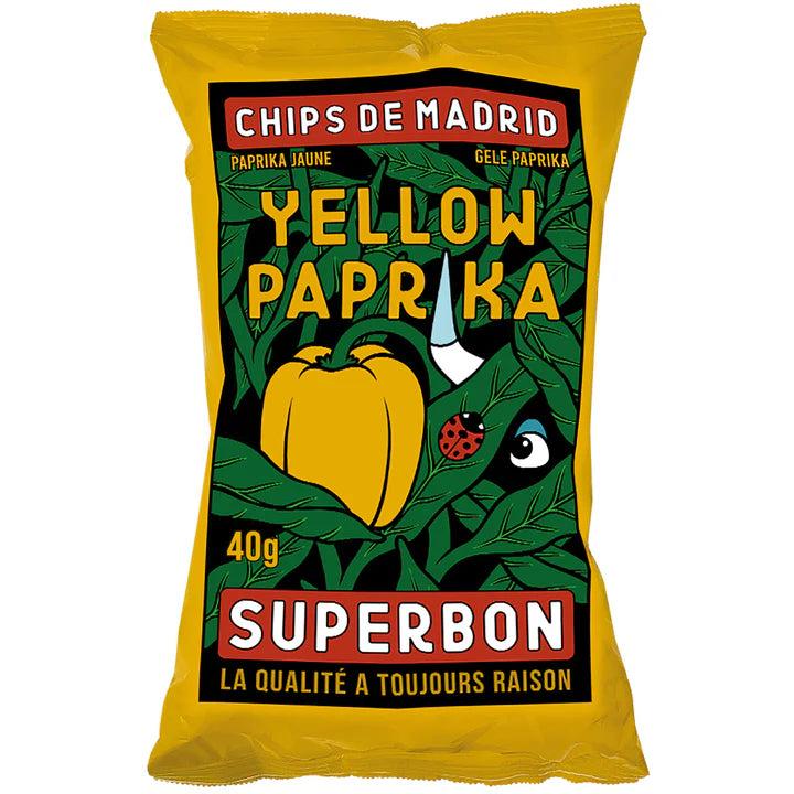 Superbon Yellow Paprika Chips bag, 40g, with green leaves and a ladybug design.