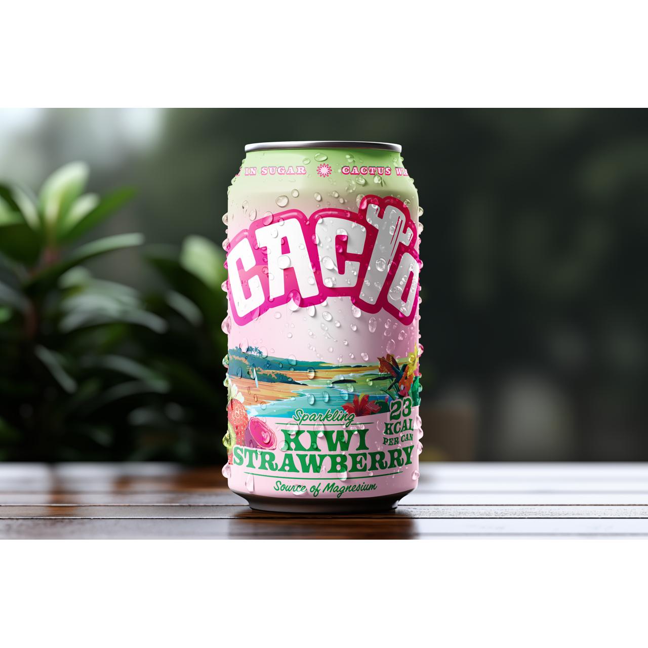 Cacto Sparkling Kiwi Strawberry low sugar soda can, pink and green with water droplets, on a wooden table.