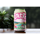 Cacto Sparkling Kiwi Strawberry low sugar soda can, pink and green with water droplets, on a wooden table.