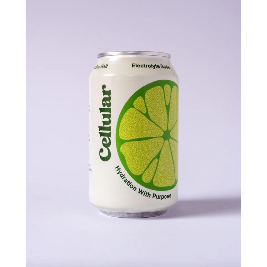 White Cellular Electrolyte Soda can with green lime slice graphic and "Hydration With Purpose" text.