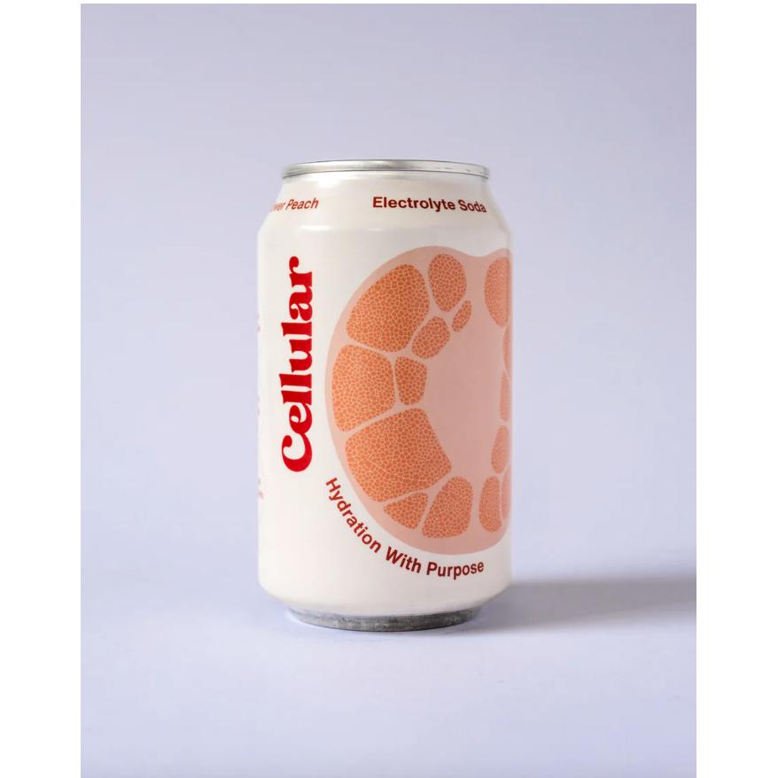 White Cellular Elderflower Peach Electrolyte Soda can with peach-colored cellular design and red text.