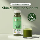 PRESS Sweet Greens cold-pressed juice bottle and a glass of green juice, rich in beta-carotene.