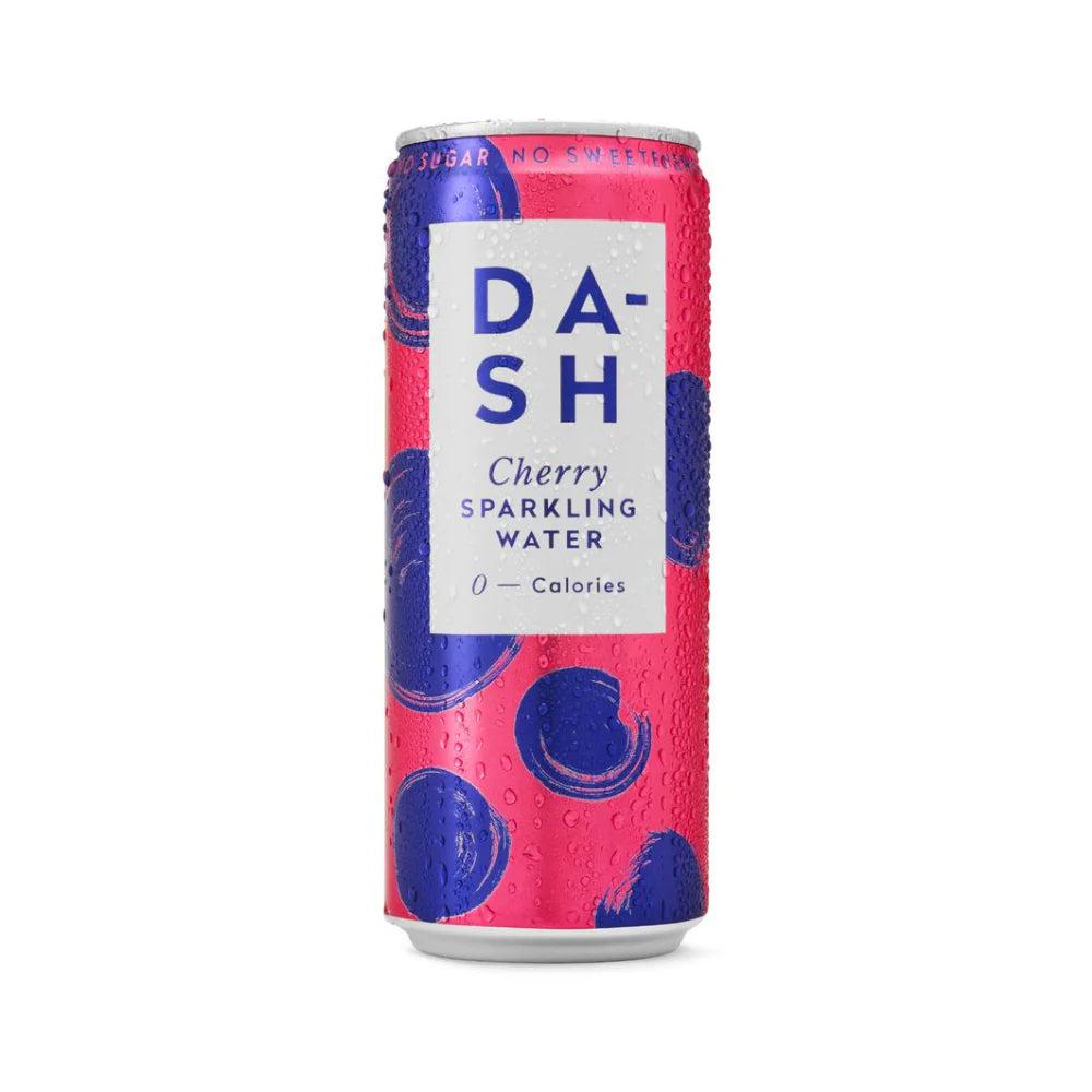 DASH Sparkling Cherry water can, 330ml, pink with blue cherry pattern and white label.