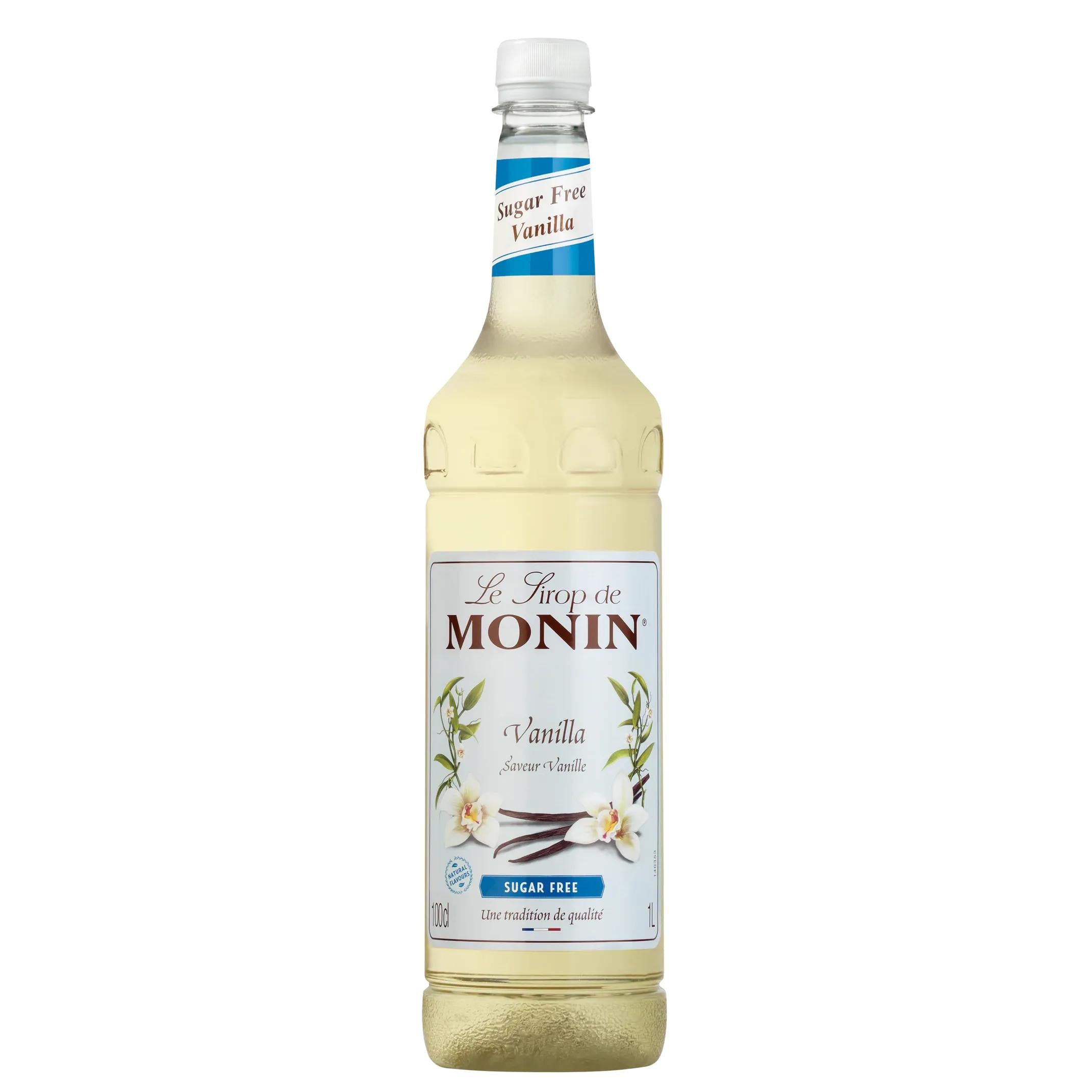 Monin Sugar Free Vanilla Syrup 1L in a clear glass bottle with white cap and vanilla bean label.
