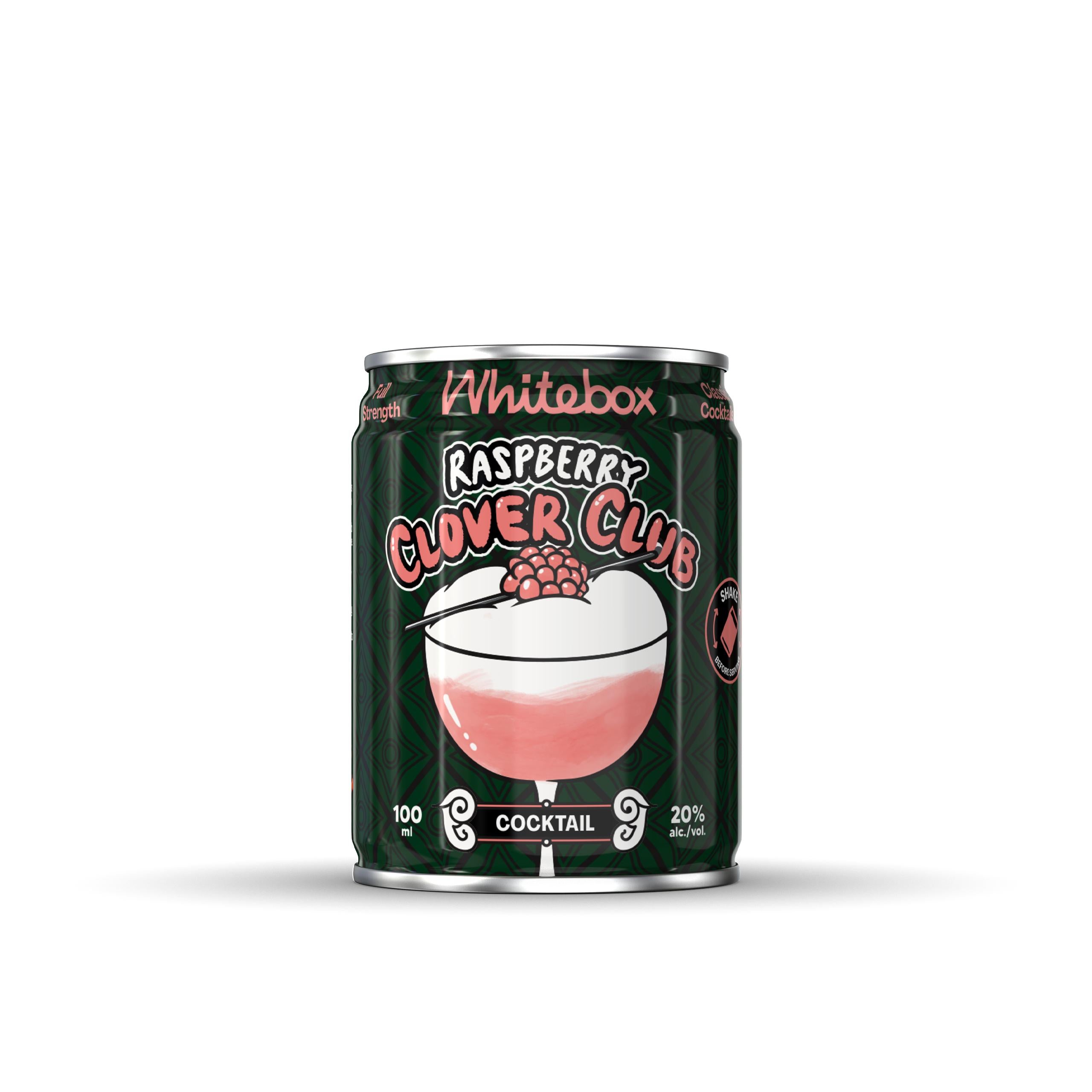 Whitebox Raspberry Clover Club 100ml cocktail can, dark green with pink text and a cocktail glass graphic.
