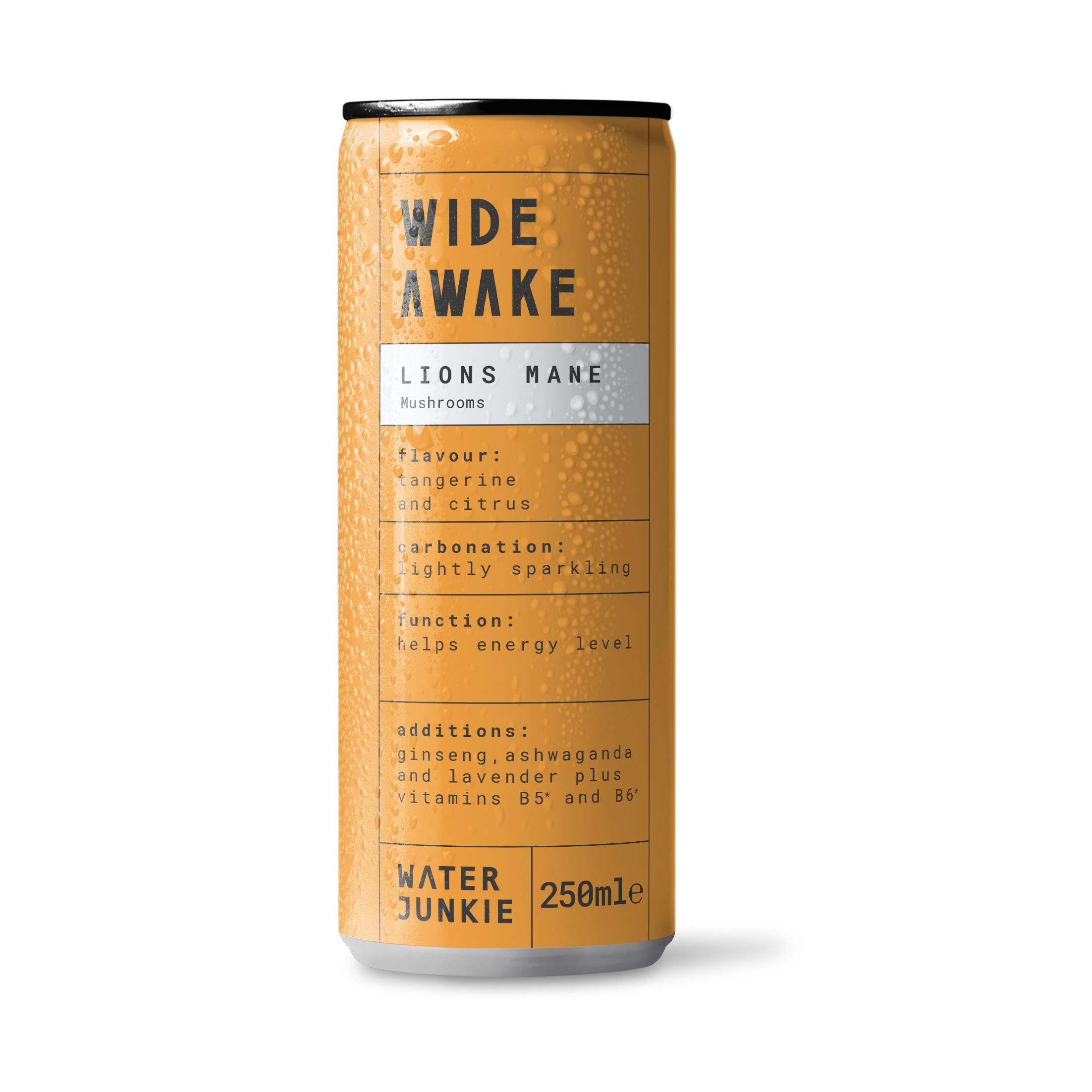 WaterJunkie WIDE AWAKE tangerine citrus Lions Mane drink in a wet, orange 250ml can.