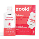 Zooki Collagen Berry Flavour liquid sachets. White pouch and red box with product details.