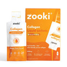 Zooki Collagen Mango Peach liquid sachets. White pouch with orange text next to an orange box.