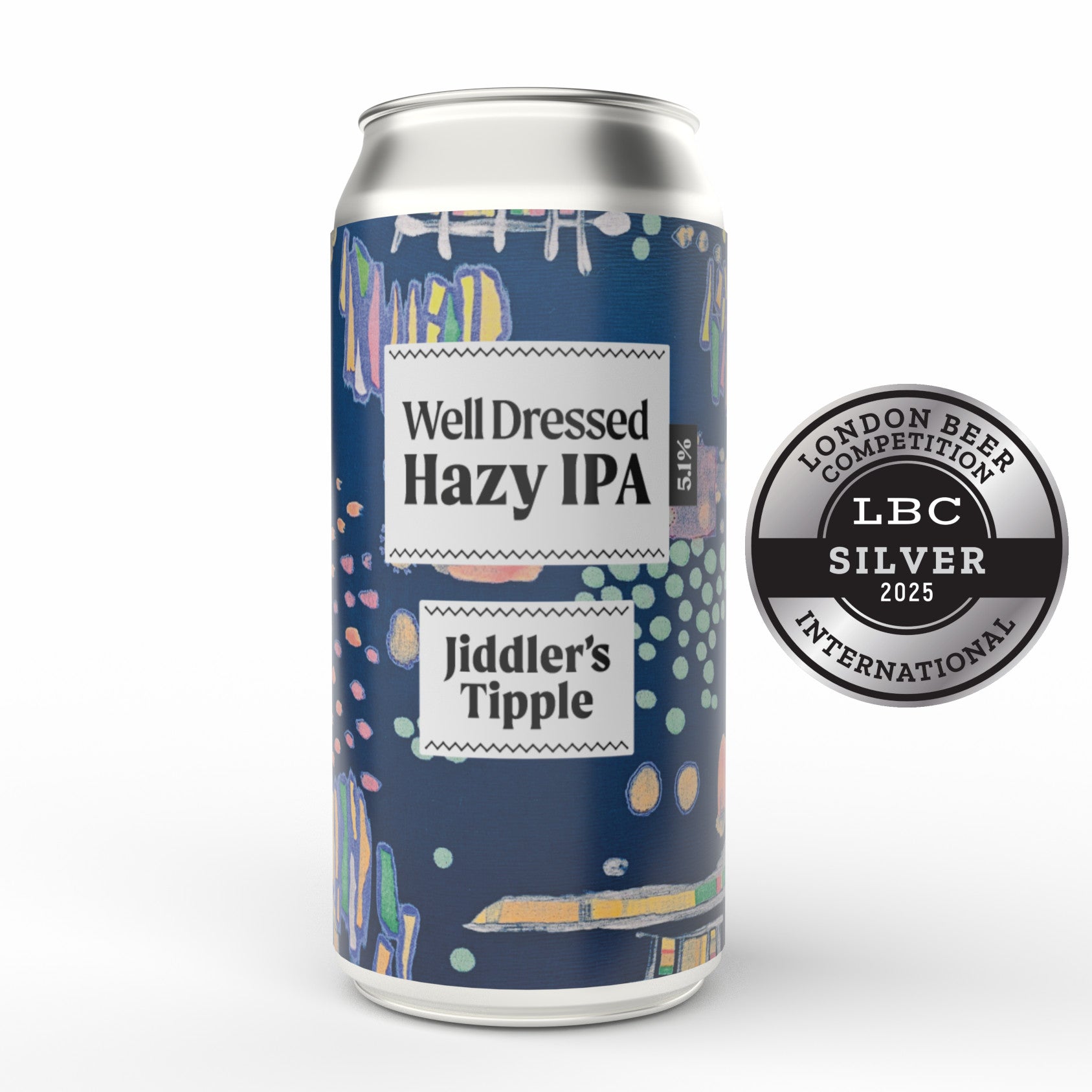 Silver 440ml can of Jiddler's Tipple Well Dressed Hazy IPA 5.1% with colorful abstract art.