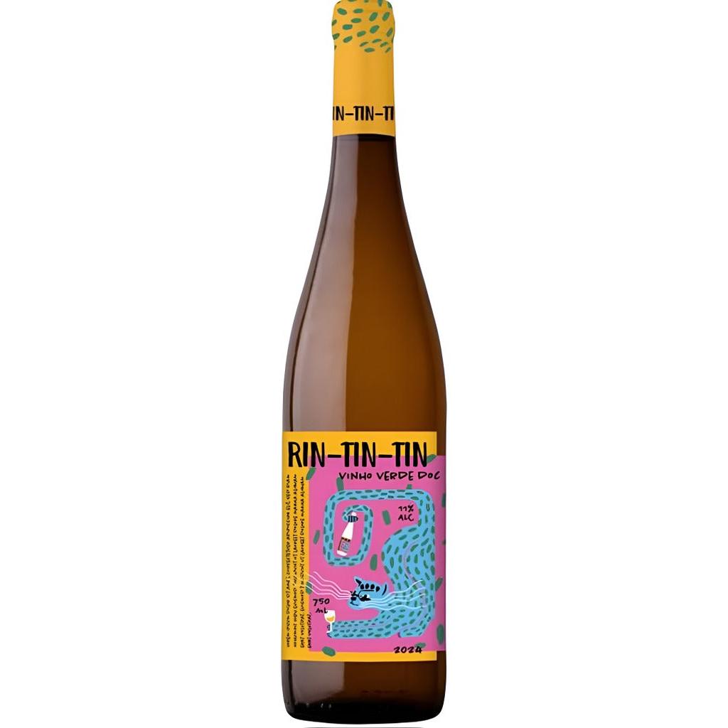 Rin Tin Tin Vinho Verde white wine bottle with vibrant pink and blue label, yellow foil, and 750ml size.