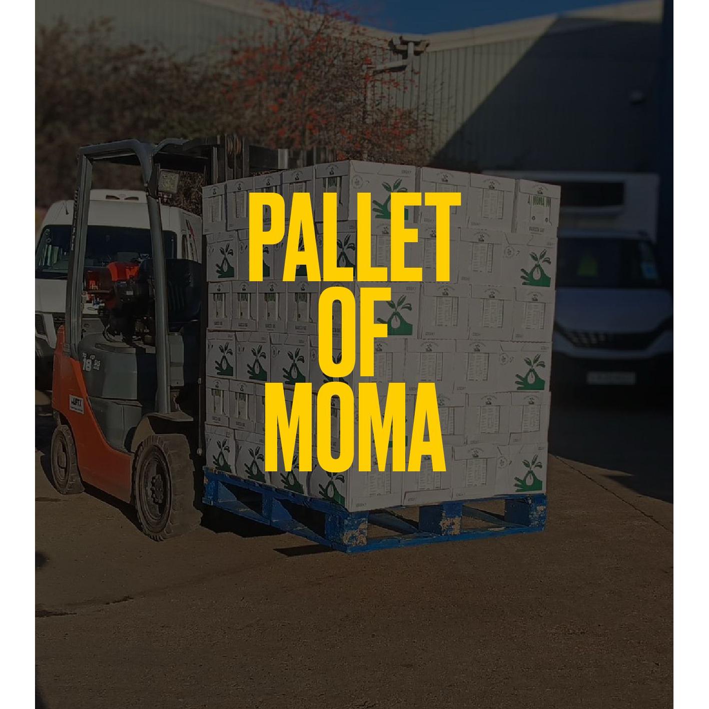 Forklift moving a full pallet of MOMA Barista Edition 1L oat milk cases, ready for delivery.