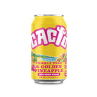 Yellow Cacto Prickly Pear & Golden Pineapple 330ml soda can with pink logo and tropical beach design.