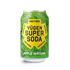 Green Yugen Super Soda can, Apple Matcha flavor, with yellow starburst label and "High Fibre" text.