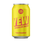 Bright yellow YEW Yuzu Grapefruit sparkling water can with red "ZERO SUGAR" and "SPARKLING WATER" text.