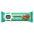 YuBi Bar Caramel Protein Bar in green wrapper with a cross-section showing caramel, crispies, and chocolate coating.